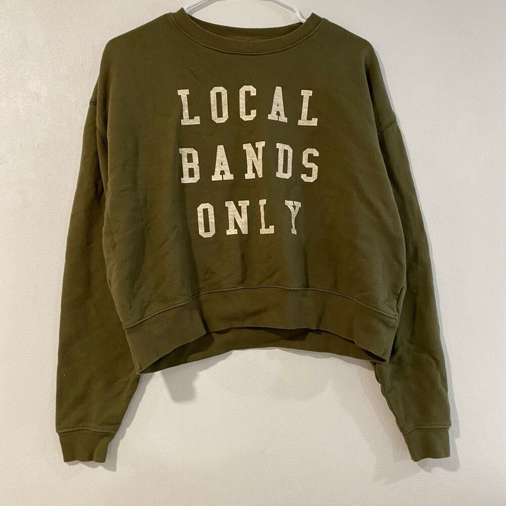 Pilcro Local Bands Only Graphic Sweatshirt Olive Green Cropped Size S - Picture 2 of 9